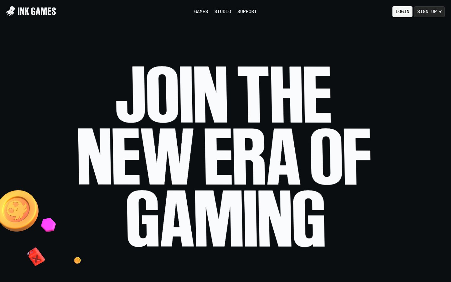 The first screen of inkgames.com: the INK Games wordmark and its octopus mark at the top left, and the line Join the New Era of Gaming in heavy white type on black, with a gold game coin and game pieces at the left edge. Source: inkgames.com, first screen, captured September 25, 2026.